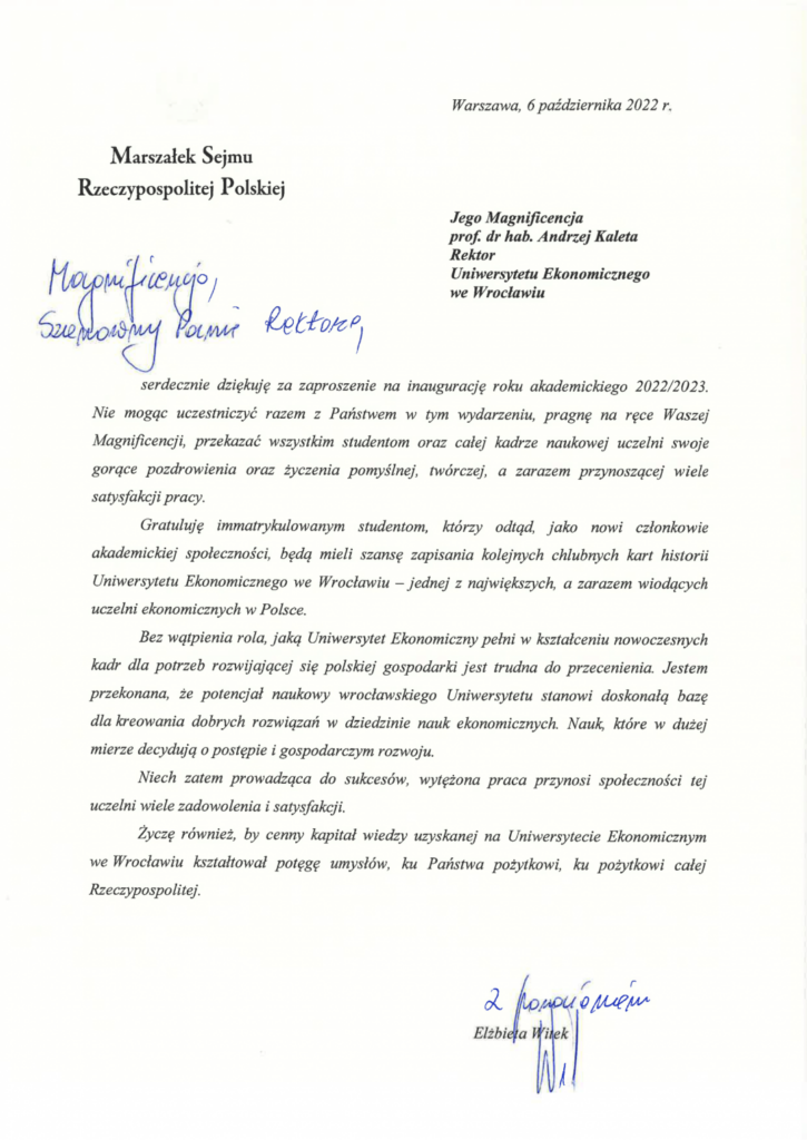 listy i gratulacje od Marszałka Sejmu