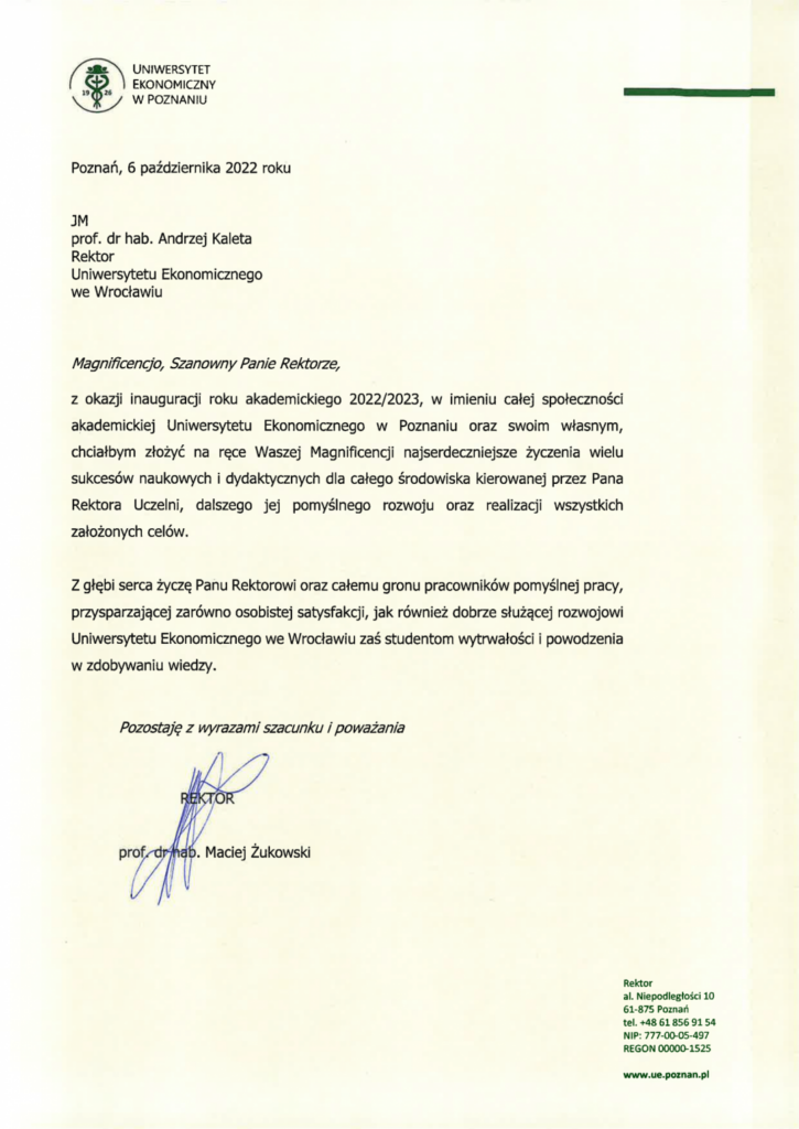 List gratulacyjny od UE w Poznaniu