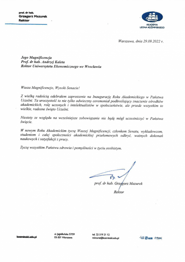 List gratulacyjny od Akademii_leona_kozminskiego