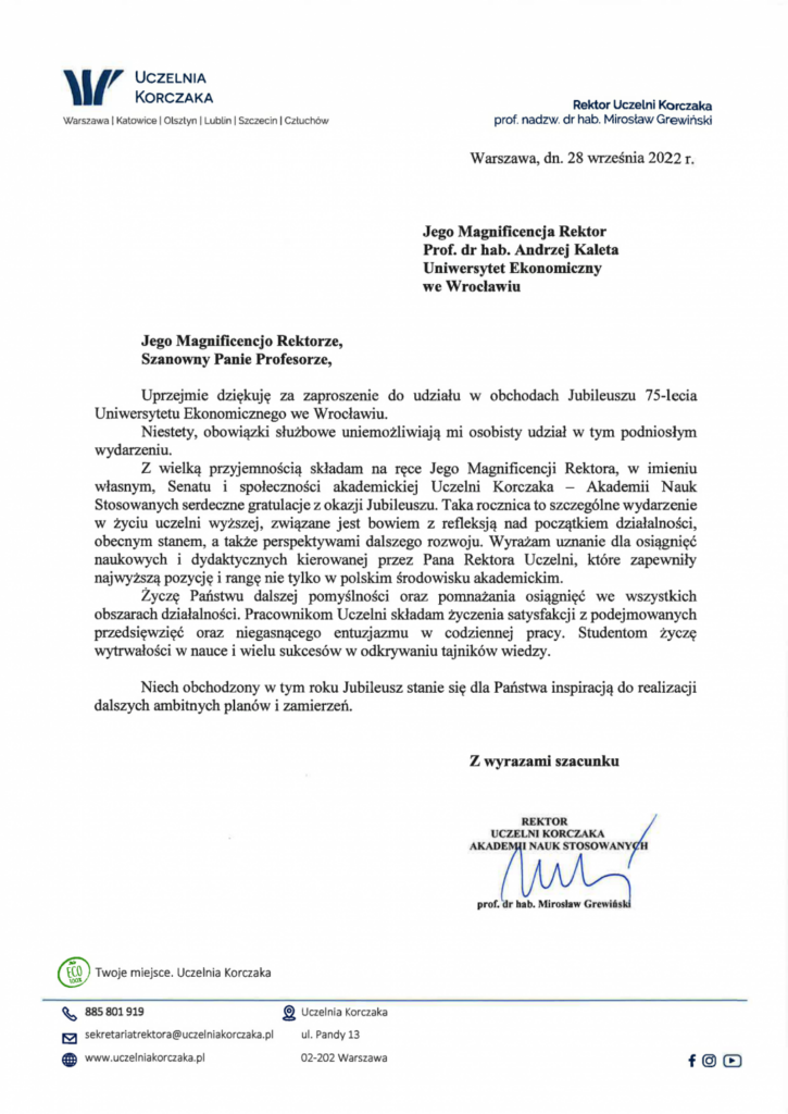 List gratulacyjny uczelnia_korczaka