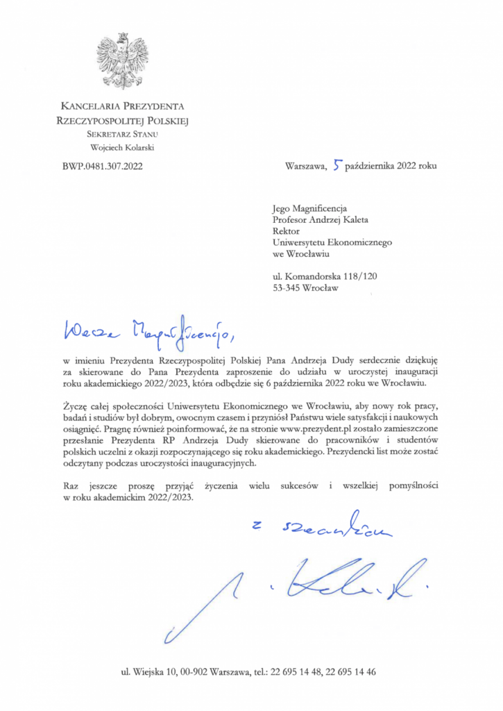 listy i gratulacje od przedstawicieli świata polityki, działaczy samorządowych, środowisk akademickich i instytucji gospodarczych