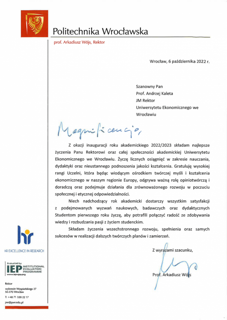 List gratulacyjny od PWR Wrocław