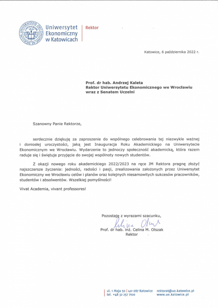 List gratulacyjny od ue katowicach