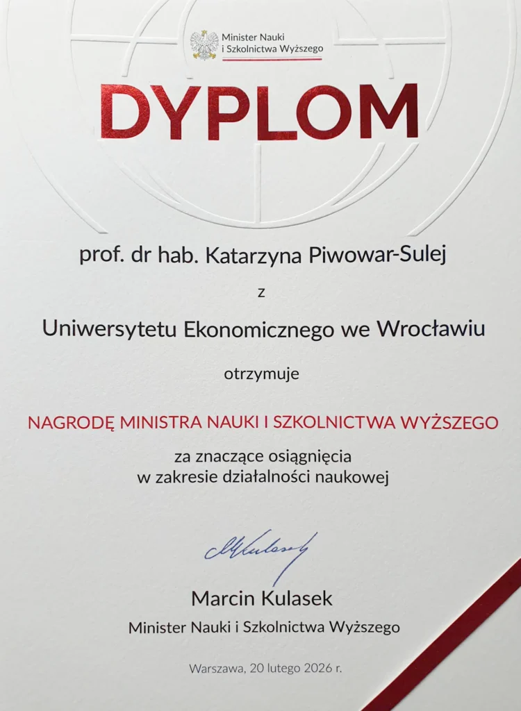 Prof. Katarzyna Piwowar-Sulej – dyplom MNiSW 2026