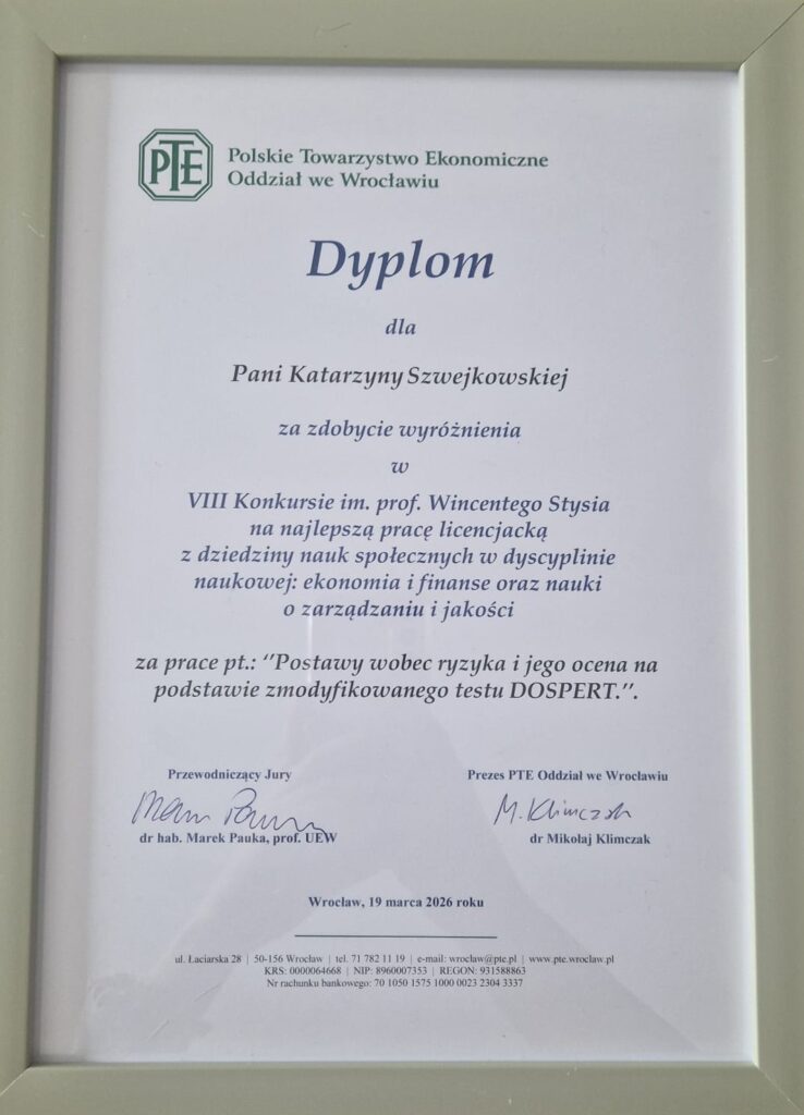 Konkurs im. Wincentego Stysia 2026 UEW - dyplom