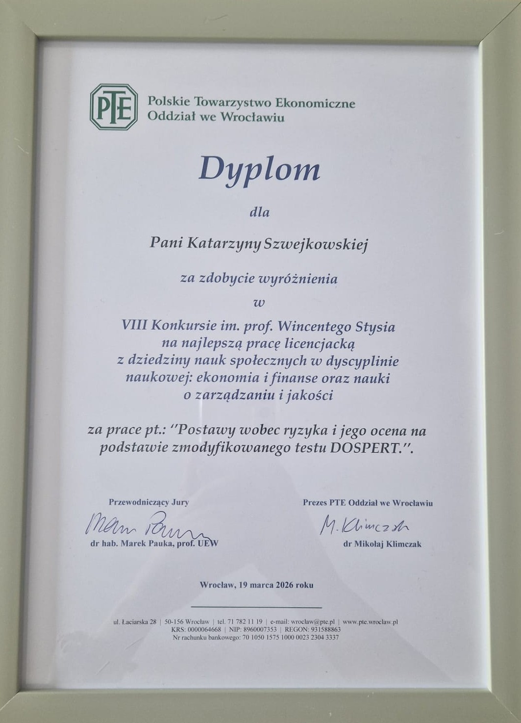 Konkurs im. Wincentego Stysia 2026 UEW - dyplom